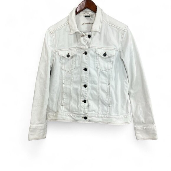 Eddie Bauer Jean Jacket Womens Size L White Button Up Cotton Blend Casual Denim - Picture 1 of 16